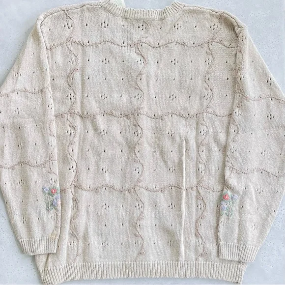 NWT Vintage Northern Reflections Tan Knit Embroidered Pastel Flowers Cardigan L - Picture 6 of 6